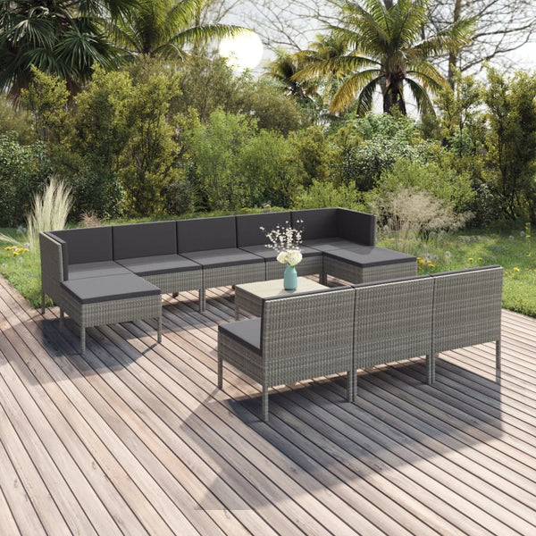 vidaXL 11-pc. Garden Lounge Set with Cushions Poly Rattan Grey