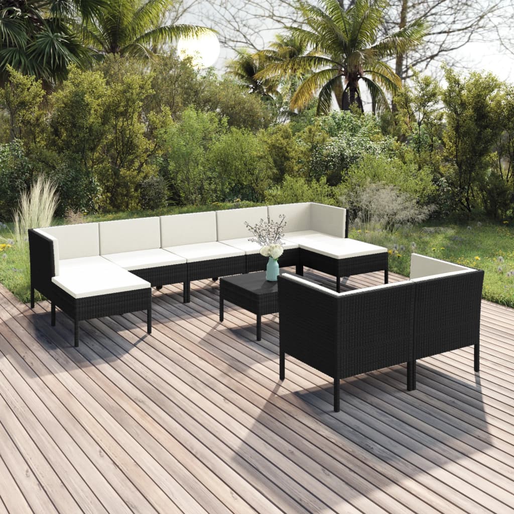 vidaXL 10-piece Garden Lounge Set with Cushions Poly Rattan Black