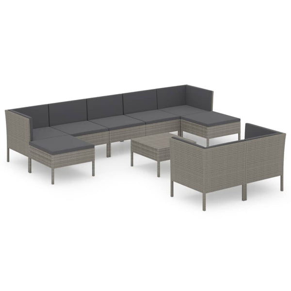 vidaXL 10-pc. Garden Lounge Set with Cushions Poly Rattan Grey