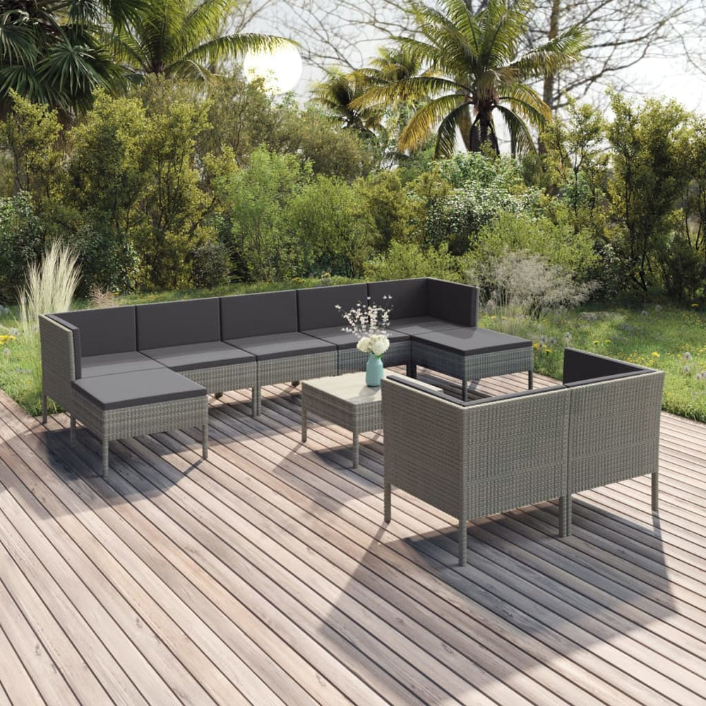 vidaXL 10-pc. Garden Lounge Set with Cushions Poly Rattan Grey