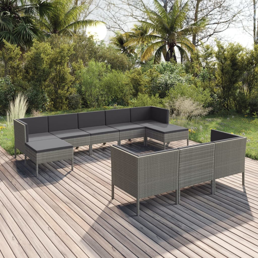 vidaXL 10-pc. Garden Lounge Set with Cushions Poly Rattan Grey