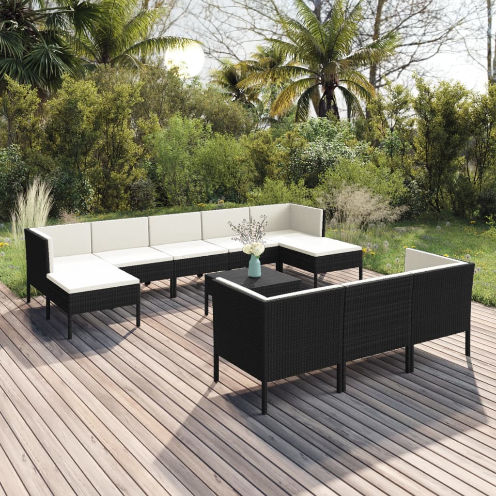 vidaXL 11-Piece Garden Lounge Set with Cushions Poly Rattan Black