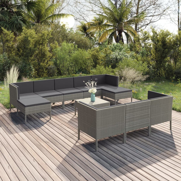 vidaXL 11-pc. Garden Lounge Set with Cushions Poly Rattan Grey