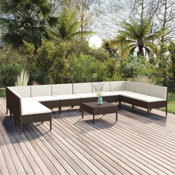 vidaXL 11-pc. Garden Lounge Set with Cushions Poly Rattan Brown