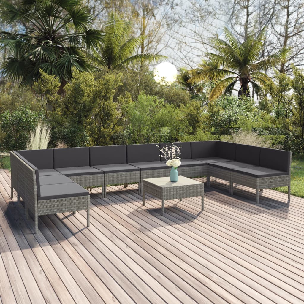 vidaXL 11-pc. Garden Lounge Set with Cushions Poly Rattan Grey