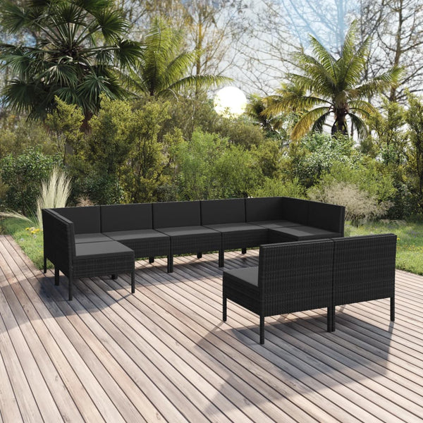 vidaXL 9-piece Garden Lounge Set with Cushions Poly Rattan Black