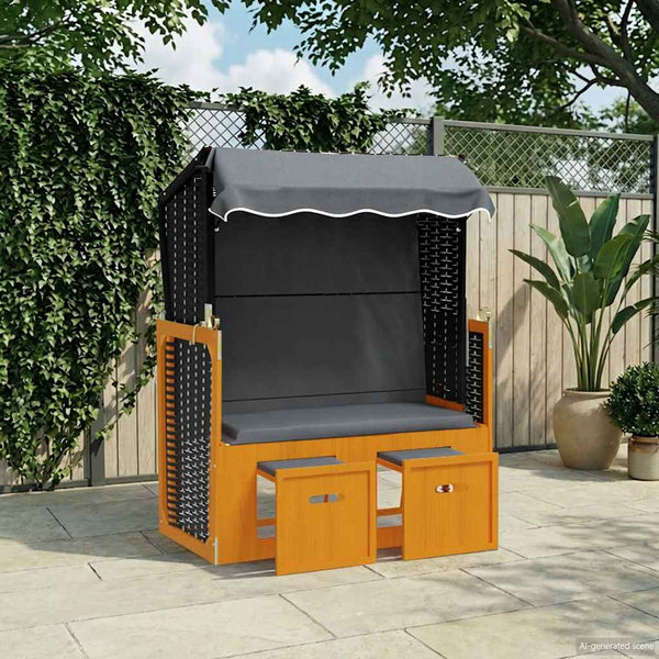Strandkorb mit Dach Poly Rattan & Massivholz Schwarz Anthrazit