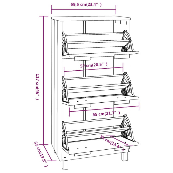 vidaXL Shoe Cabinet HAMAR White 59.5x35x117 cm Solid Pine Wood