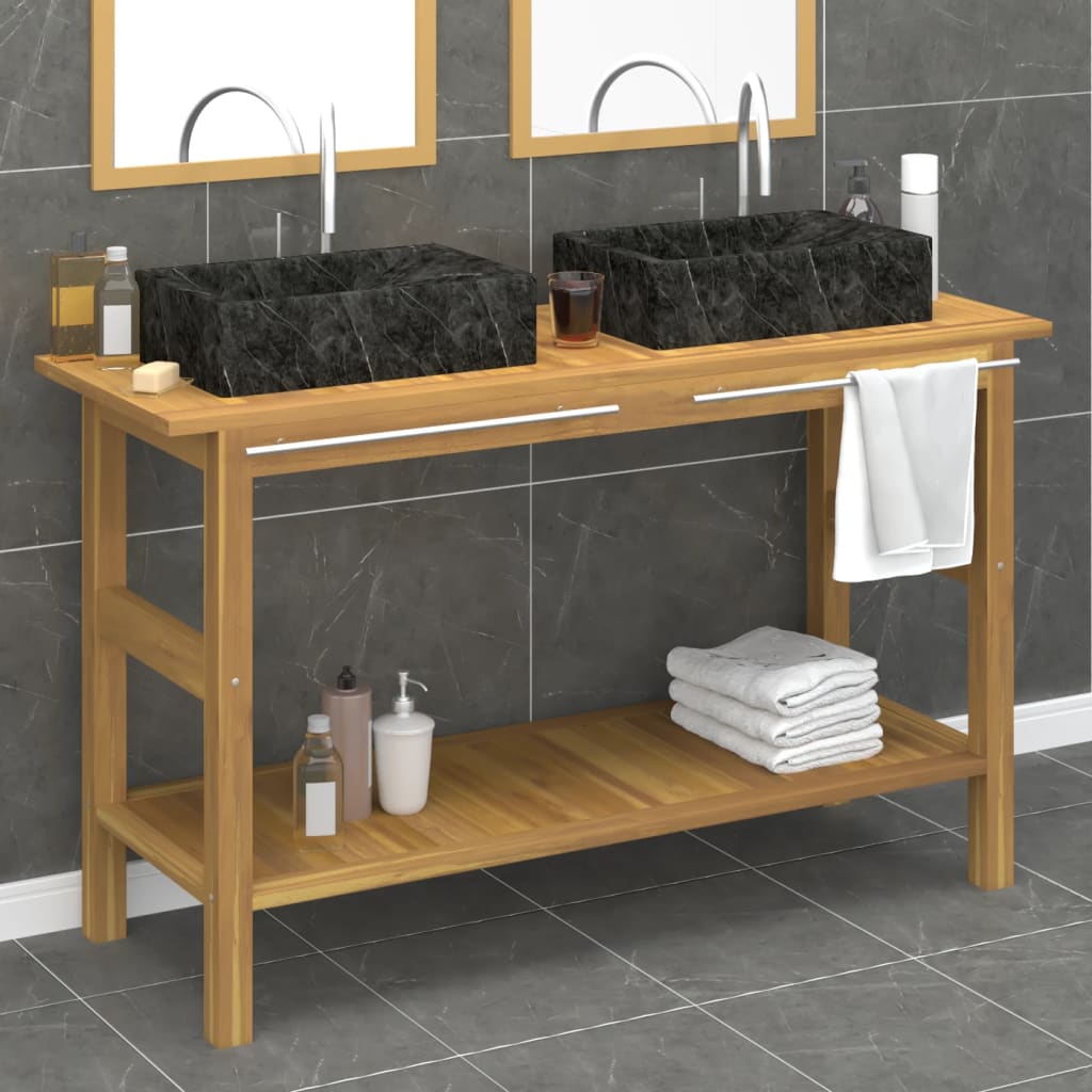 vidaXL Teak Solid Wood Vanity Unit with Black Marble Basins