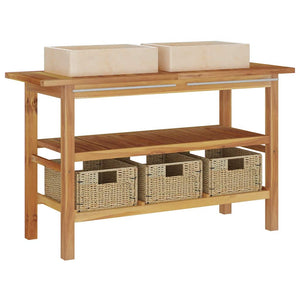 vidaXL Teak Solid Wood Vanity with Cream Marble Basin
