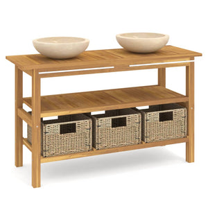 vidaXL Teak Solid Wood Vanity with Cream Marble Basin