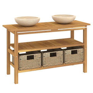 vidaXL Teak Solid Wood Vanity with Cream Marble Basin