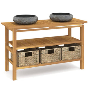 vidaXL Teak Solid Wood Vanity Unit with Black Marble Basins
