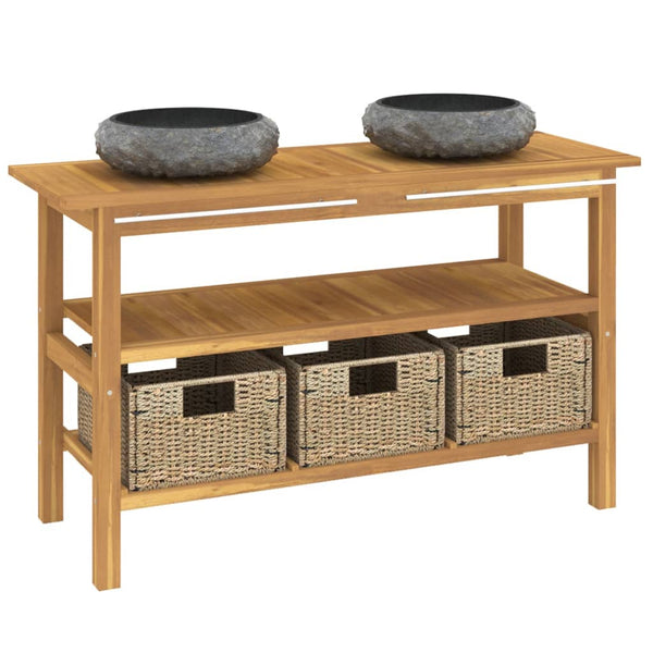 vidaXL Teak Solid Wood Vanity Unit with Black Marble Basins