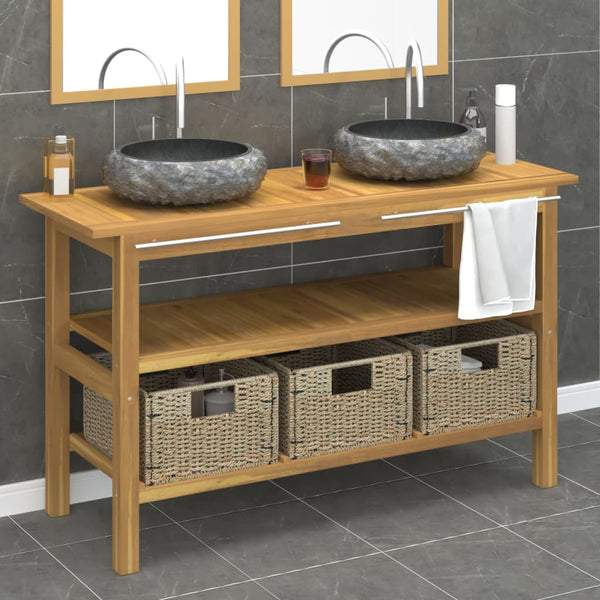 vidaXL Teak Solid Wood Vanity Unit with Black Marble Basins