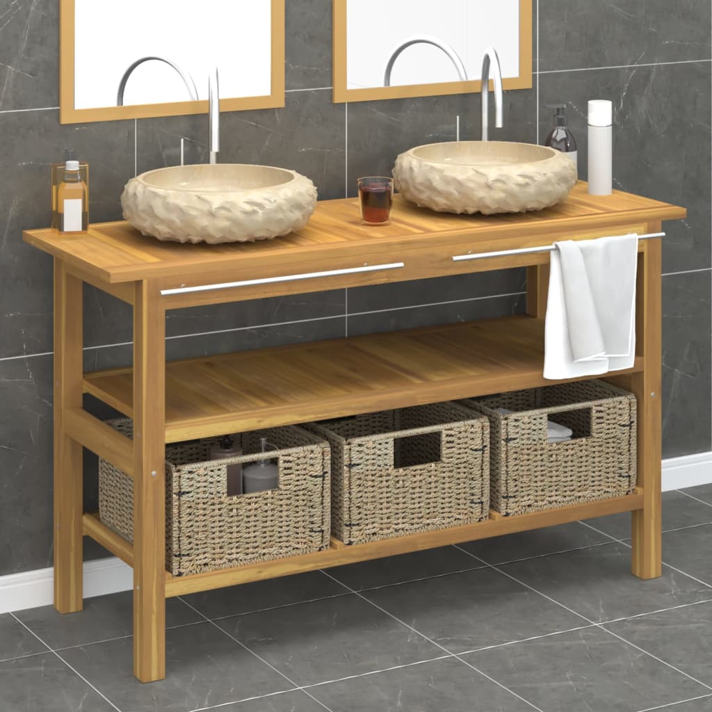 vidaXL Teak Solid Wood Vanity with Cream Marble Basin