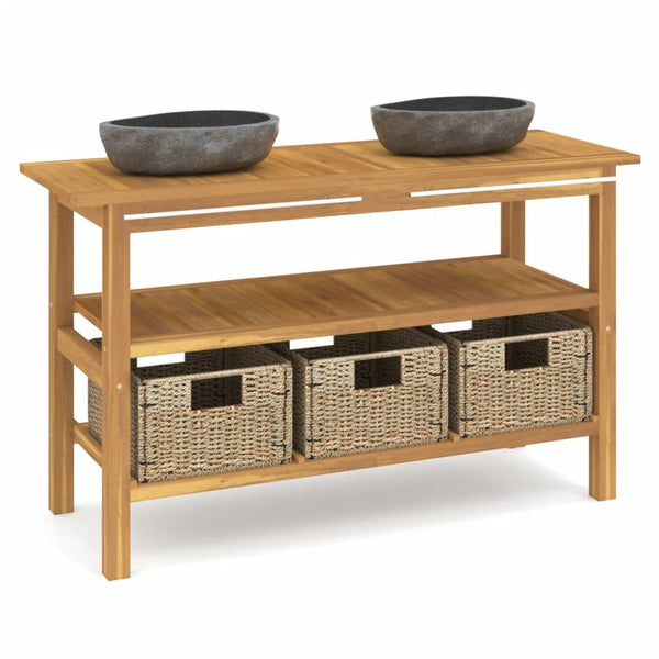 vidaXL Teak Solid Wood Vanity with River Stone Sink