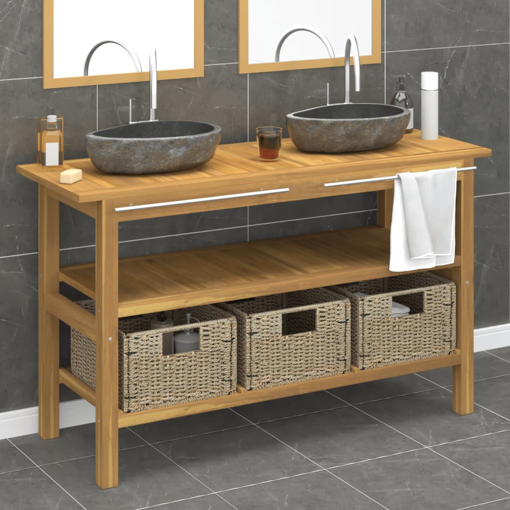 vidaXL Teak Solid Wood Vanity with River Stone Sink