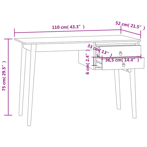 vidaXL Desk with 2 Drawers 110x52x75 cm Solid Teak Wood