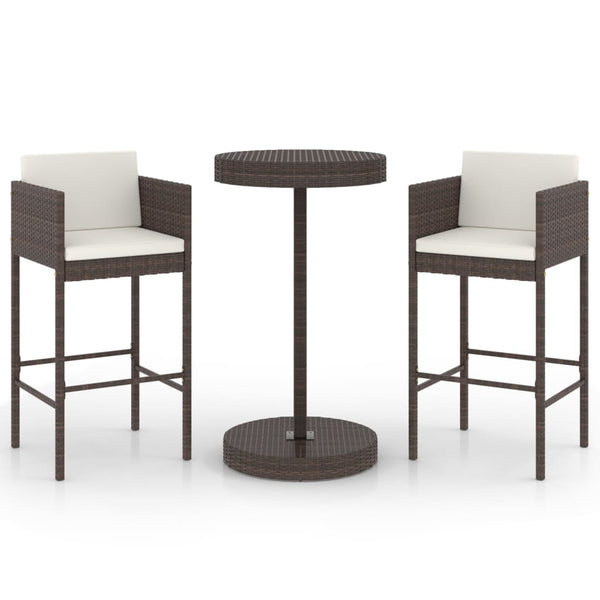 vidaXL 3-Piece Poly Rattan Garden Bar Set with Cushions Brown