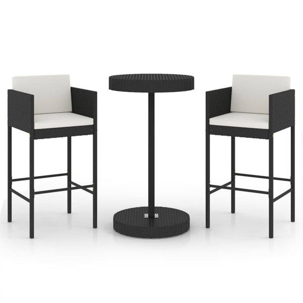 vidaXL 3-Piece Garden Bar Set with Cushions Poly Rattan Black