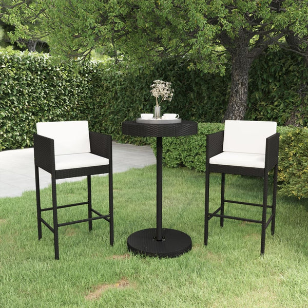 vidaXL 3-Piece Garden Bar Set with Cushions Poly Rattan Black