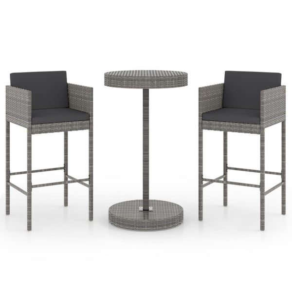 vidaXL 3-Piece Poly Rattan Garden Bar Set with Cushions Grey