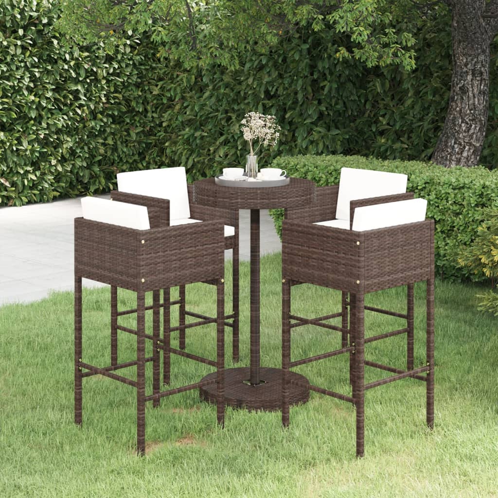vidaXL 5-Piece Garden Bar Set with Cushions Poly Rattan Brown