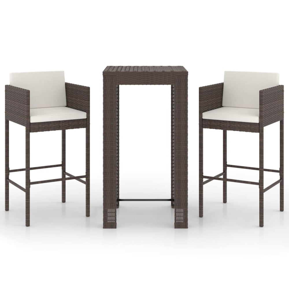 vidaXL 3-Piece Poly Rattan Garden Bar Set with Cushions Brown