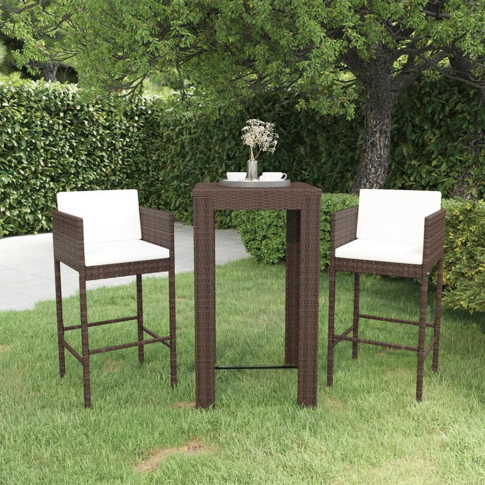 vidaXL 3-Piece Poly Rattan Garden Bar Set with Cushions Brown