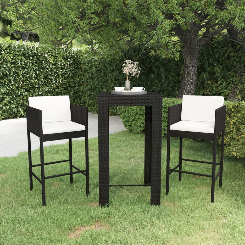 vidaXL 3-Piece Garden Bar Set with Cushions Poly Rattan Black