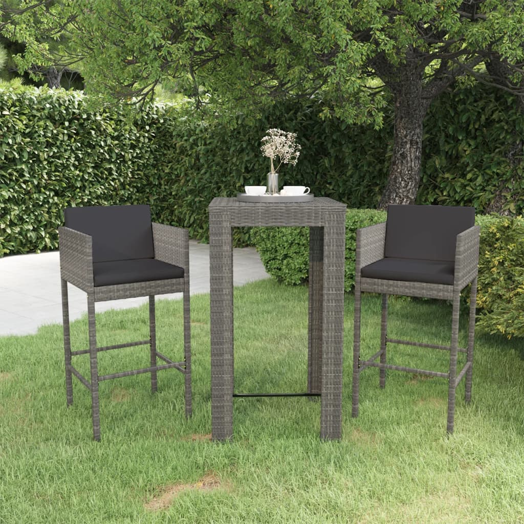vidaXL 3-Piece Poly Rattan Garden Bar Set with Cushions Grey
