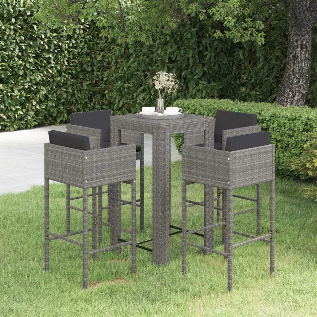 vidaXL 5-piece Garden Bar Set with Cushions Poly Rattan Grey