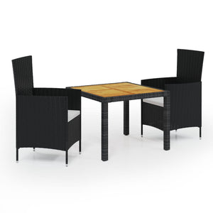 3-tlg. Garten-Essgruppe mit Auflagen Poly Rattan Schwarz
