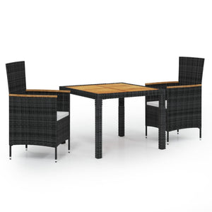 3-tlg. Garten-Essgruppe mit Auflagen Poly Rattan Schwarz