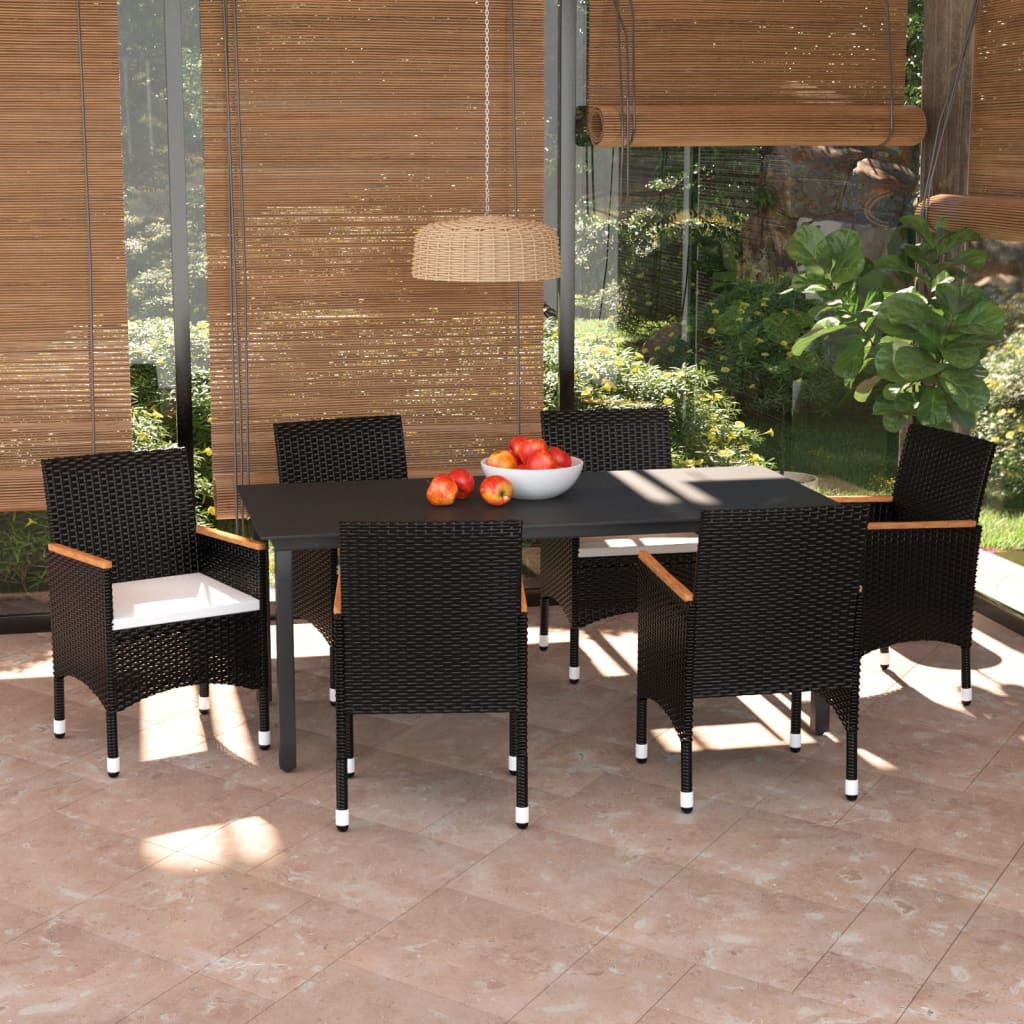 vidaXL 7-Piece Garden Dining Set with Cushions Poly Rattan Black