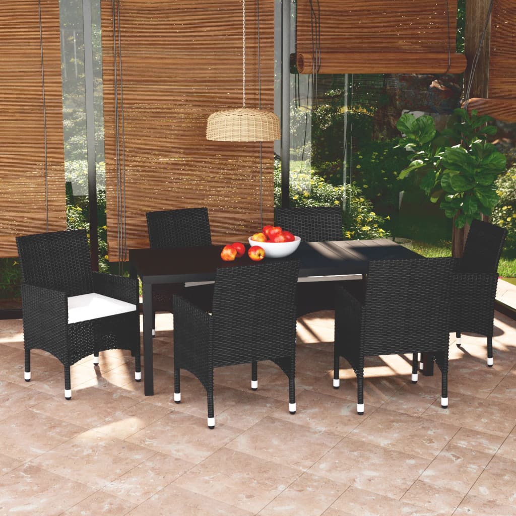 vidaXL 7-Piece Garden Dining Set with Cushions Poly Rattan Black