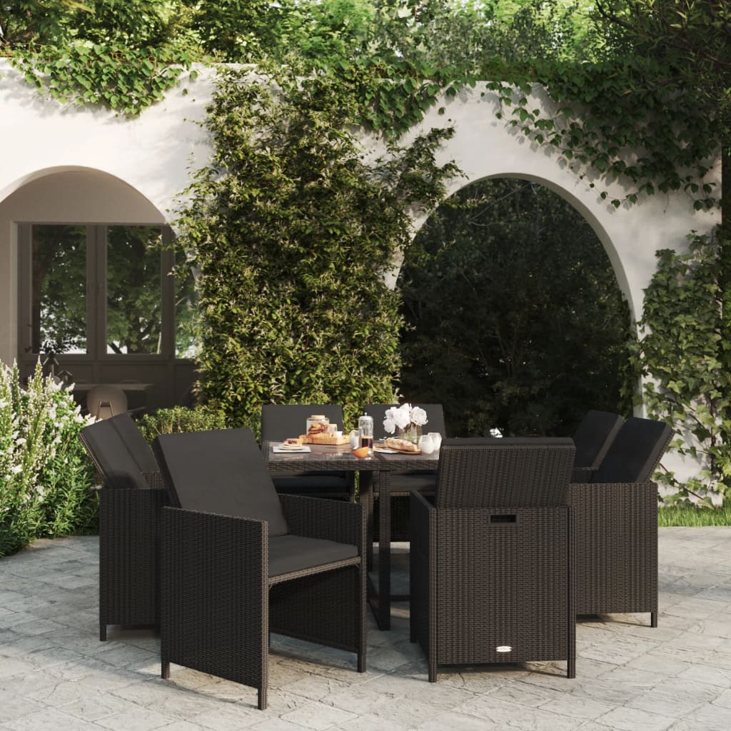 vidaXL 9-piece Garden Dining Set with Cushions Poly Rattan Black