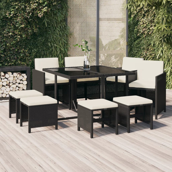 vidaXL 9-piece Garden Dining Set with Cushions Poly Rattan Black