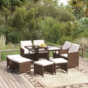 vidaXL 9-piece Garden Dining Set with Cushions Poly Rattan Brown