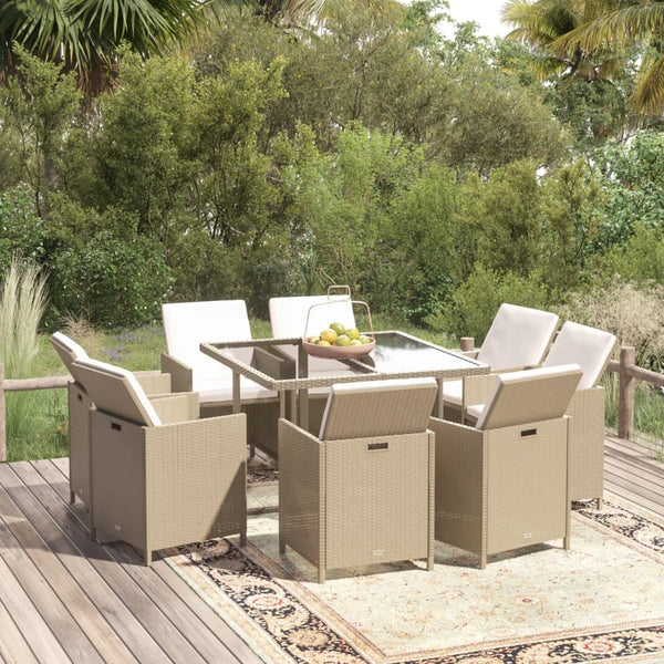 vidaXL 9-piece Garden Dining Set with Cushions Poly Rattan Beige