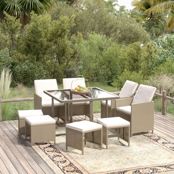 vidaXL 9-piece Garden Dining Set with Cushions Poly Rattan Beige