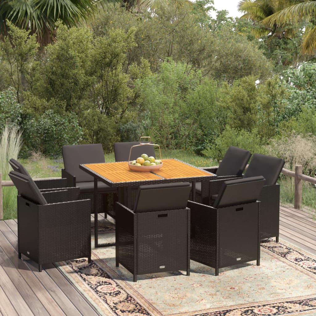 vidaXL 9-piece Garden Dining Set with Cushions Poly Rattan Black