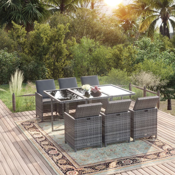 vidaXL 7-piece Garden Dining Set with Cushions Poly Rattan Grey