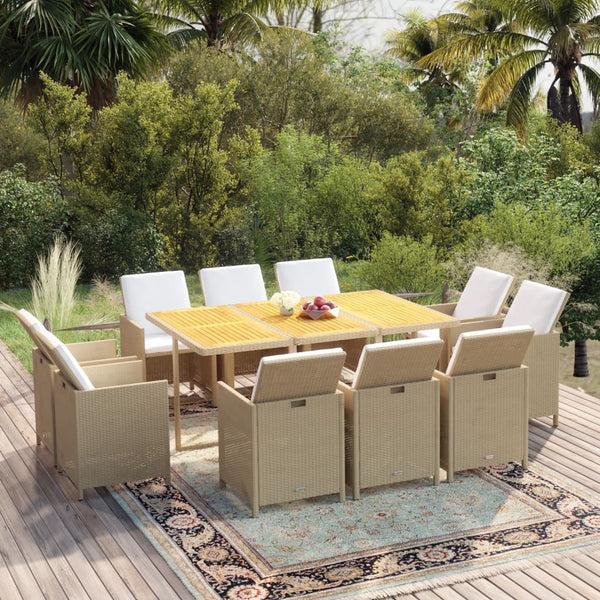 vidaXL 11-piece Garden Dining Set with Cushions Poly Rattan Beige