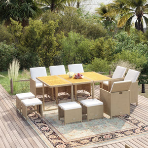 vidaXL 11-piece Garden Dining Set with Cushions Poly Rattan Beige