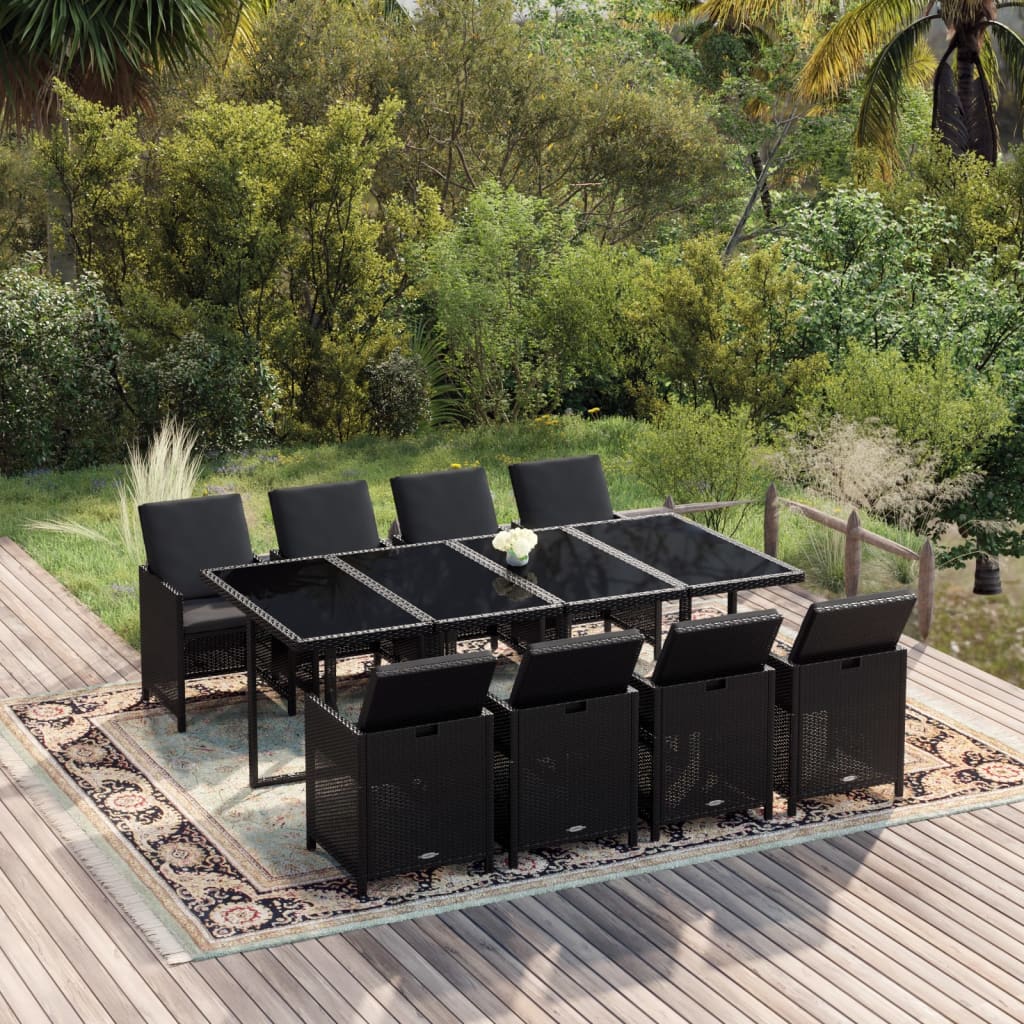 vidaXL 9-piece Garden Dining Set with Cushions Poly Rattan Black