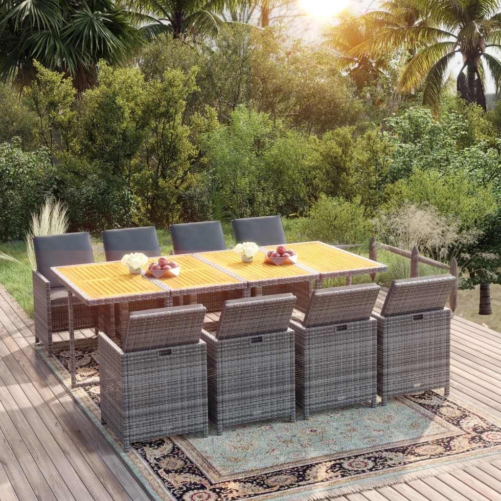 vidaXL 9-piece Garden Dining Set with Cushions Poly Rattan Grey