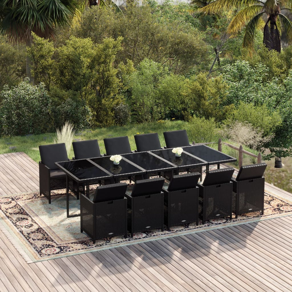 vidaXL 11-Piece Garden Dining Set with Cushions Poly Rattan Black
