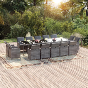 vidaXL 15-Piece Garden Dining Set with Cushions Poly Rattan Grey
